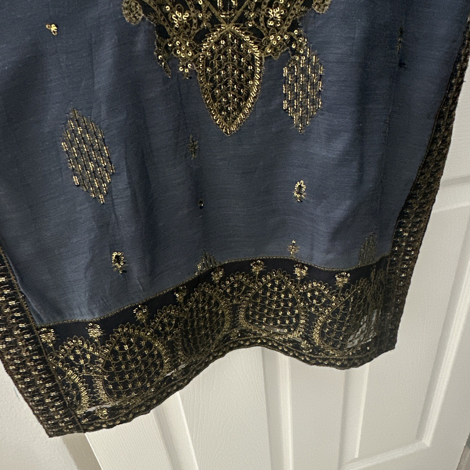 Handmade Blue Chiffon Salwar Kameez w/ Gold Embroidery & Dupatta, Custom