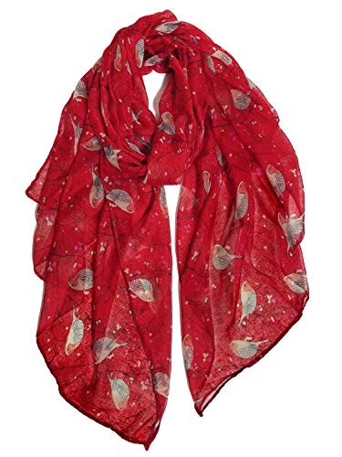 Scarfs for Women Lightweight Floral Birds Print Cotton Scarves and Wraps Red