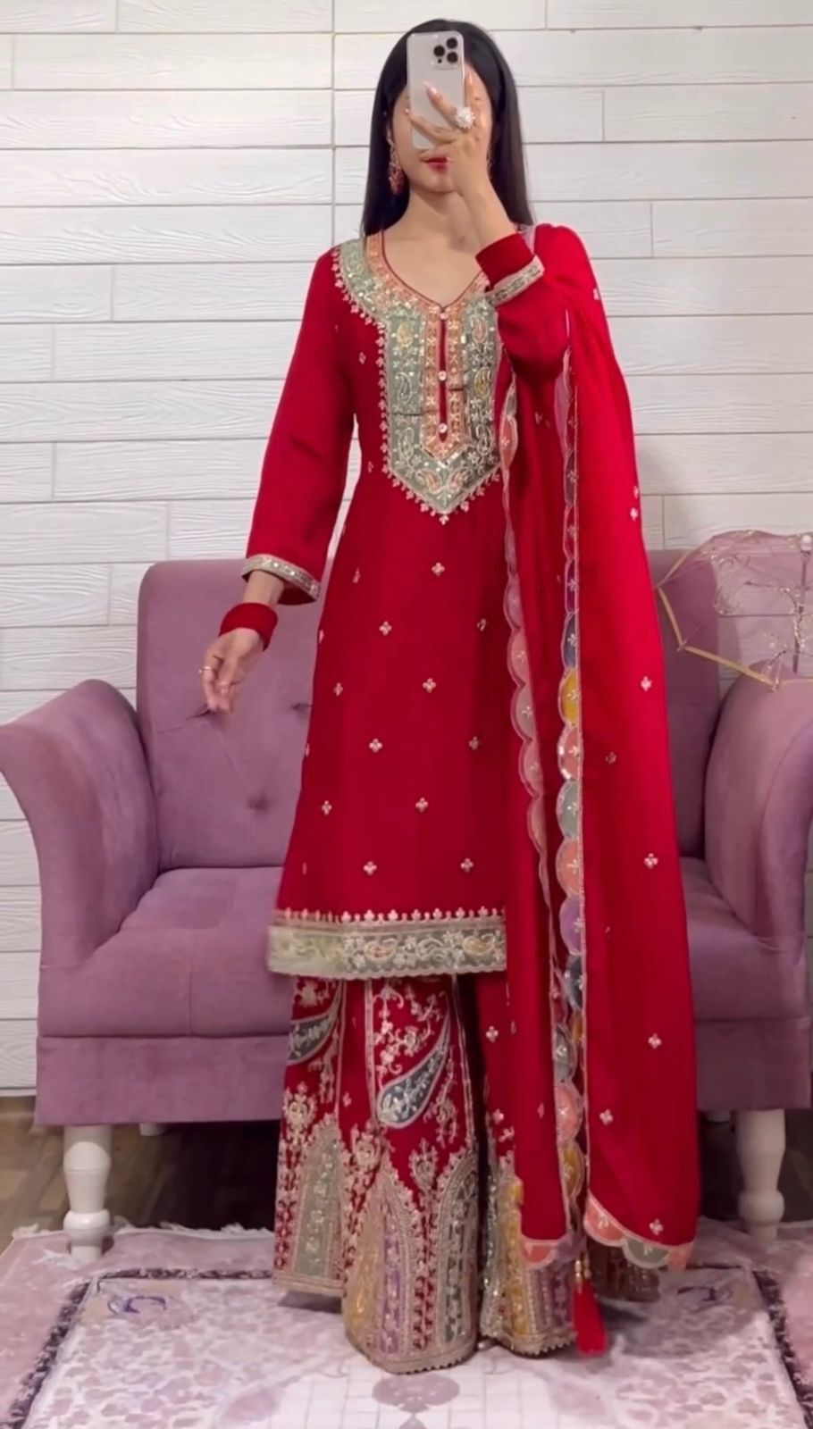 Women Red Bollywood Wear Salwar Kameez Embroidery Work Kurta Sharara Set Diwali