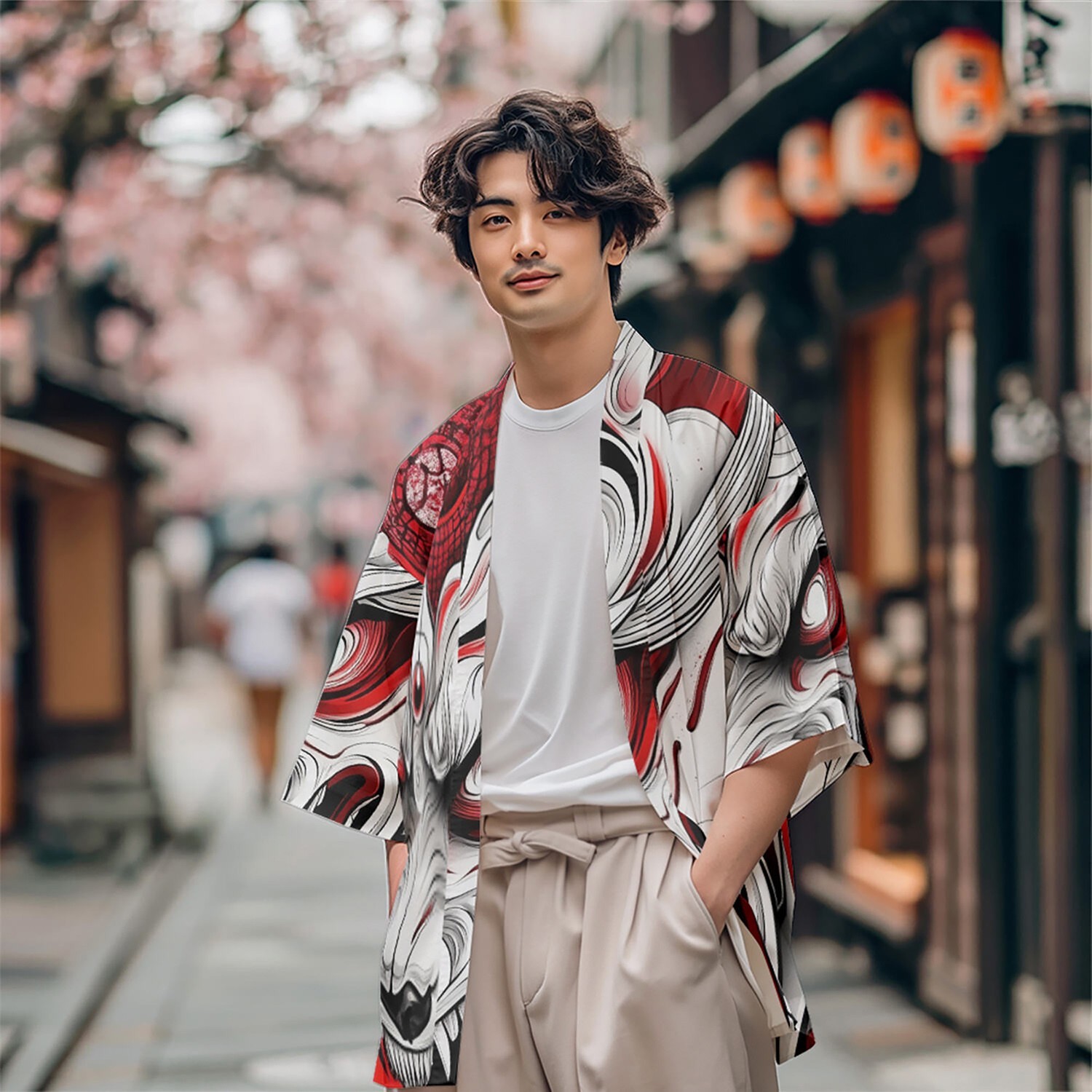 Niepce Men’s Japanese Graphic Lightweight Red Monster Kimono Cardigan Shirt Top