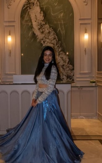 Shimmer Blue Party Wear Indo-Western Lehenga Set | Handcrafted Crop Top