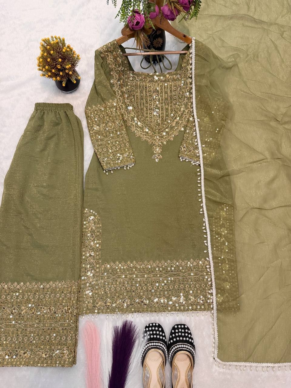New Crunchy Silk Olive Green Top Palazzo With Dupatta For Reception Wear