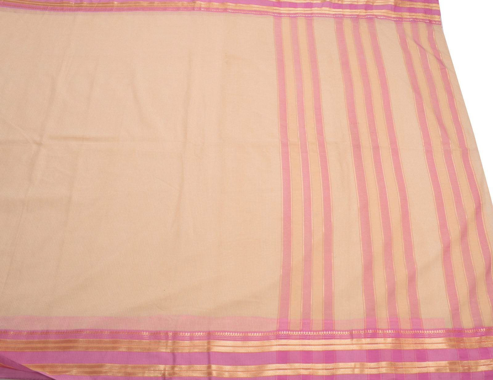 Sushila Vintage Cream Checks Saree Stripes Border Art Cotton Sari 6 Yard Fabric