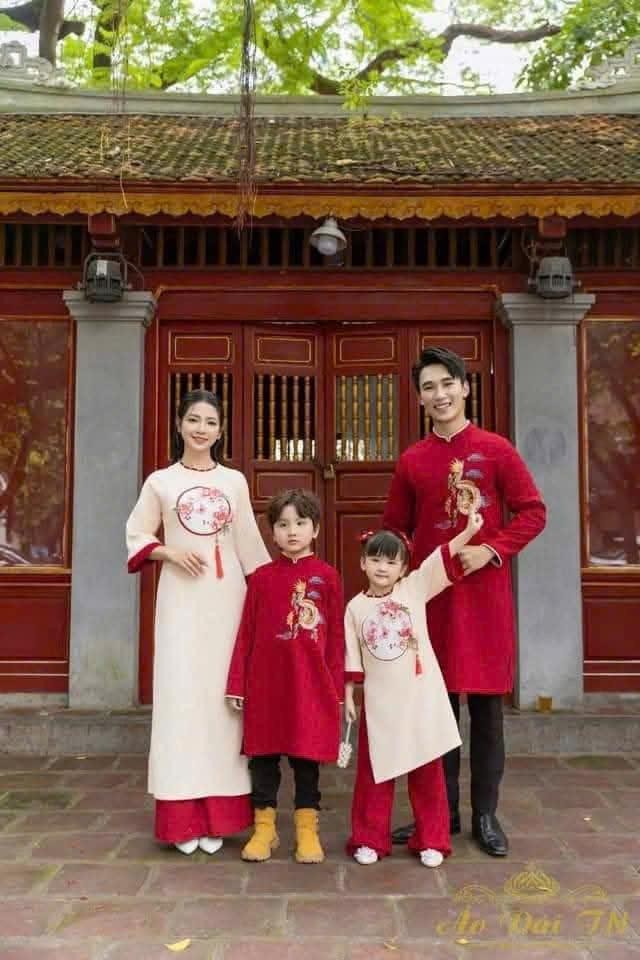 Vietnamese Traditional Family Ao Dai for Mom/Women/Grandma-Peach with red pant