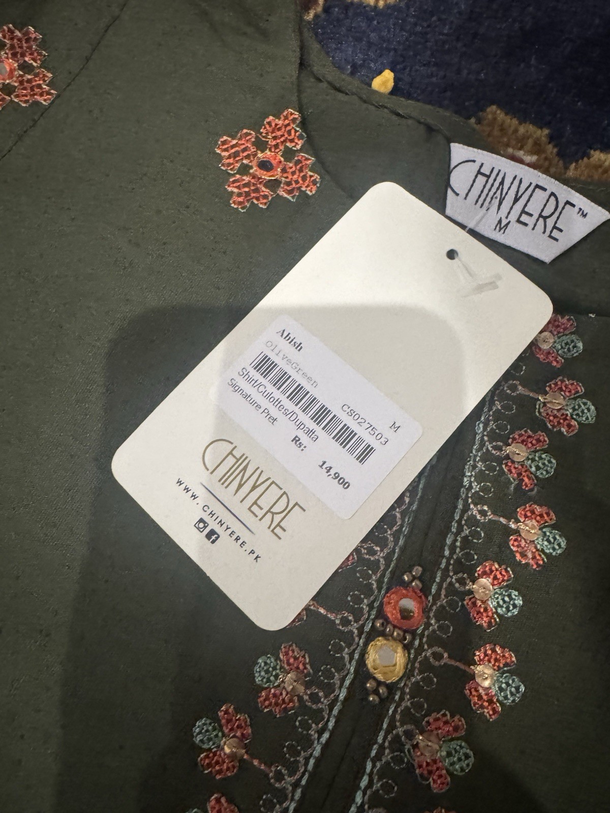 CHINYERE Pakistani Cotton Salwar Kameez Olive Green Embroidered Set Size M