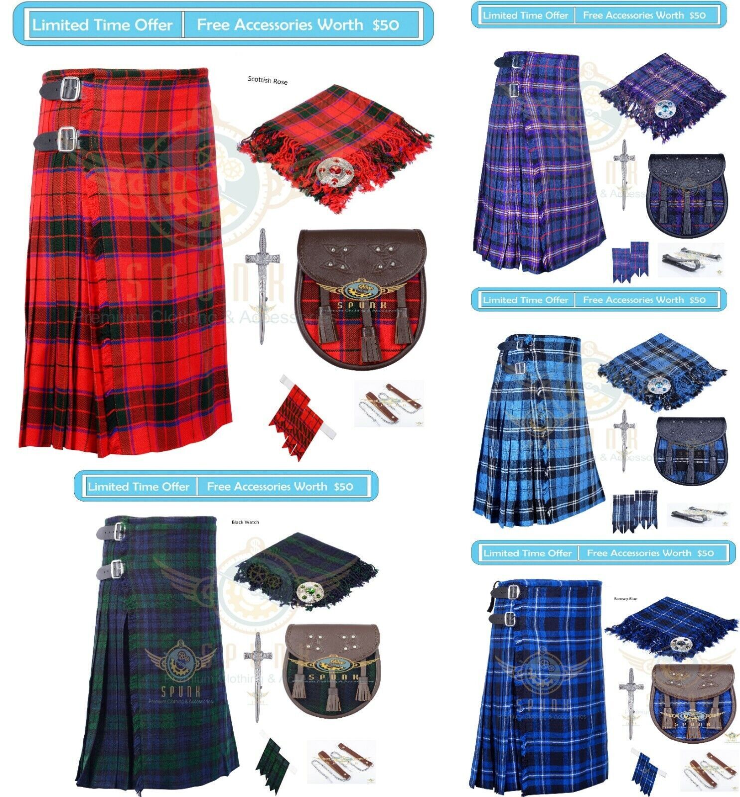 Scottish Highland 8 yard Kilt Clan Tartan 8 Yard Multi Colors Traditional Kilts