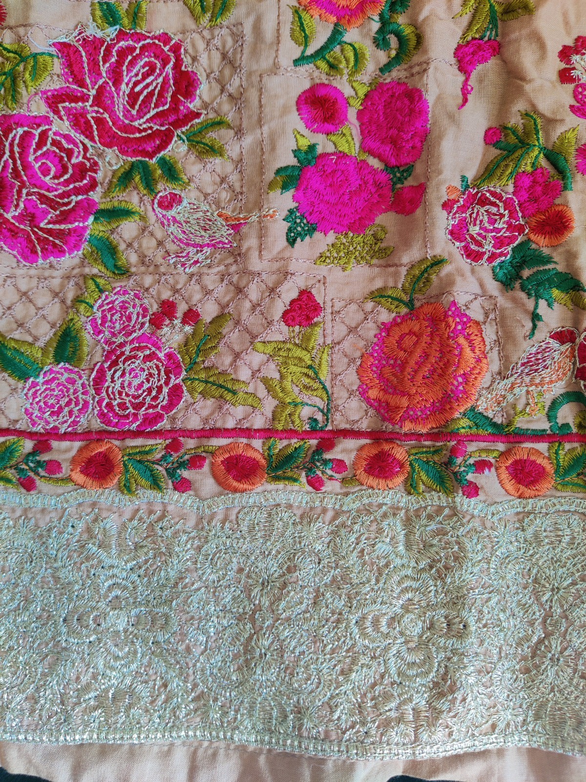 Cotton Blend Salwar Kameez Beige Pink Green Embroidered Set with Dupatta Size M