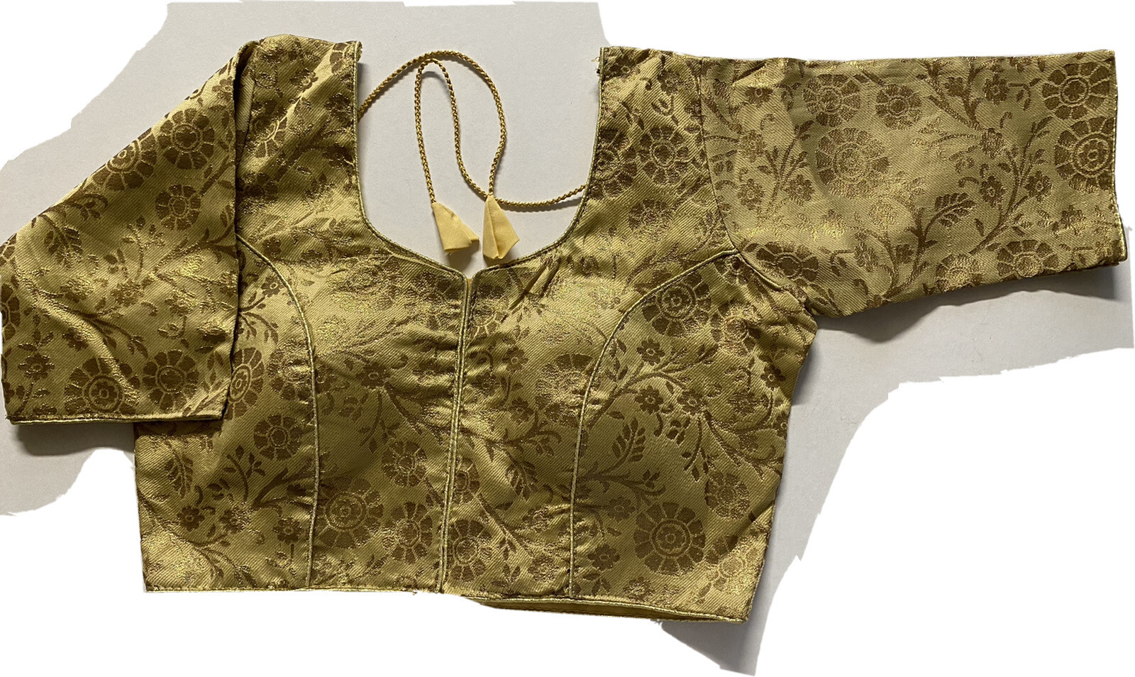 NEW Readymade Designer Sari Blouse beige GOLDEN BROCADE SLEEVES DORI 36″-USA