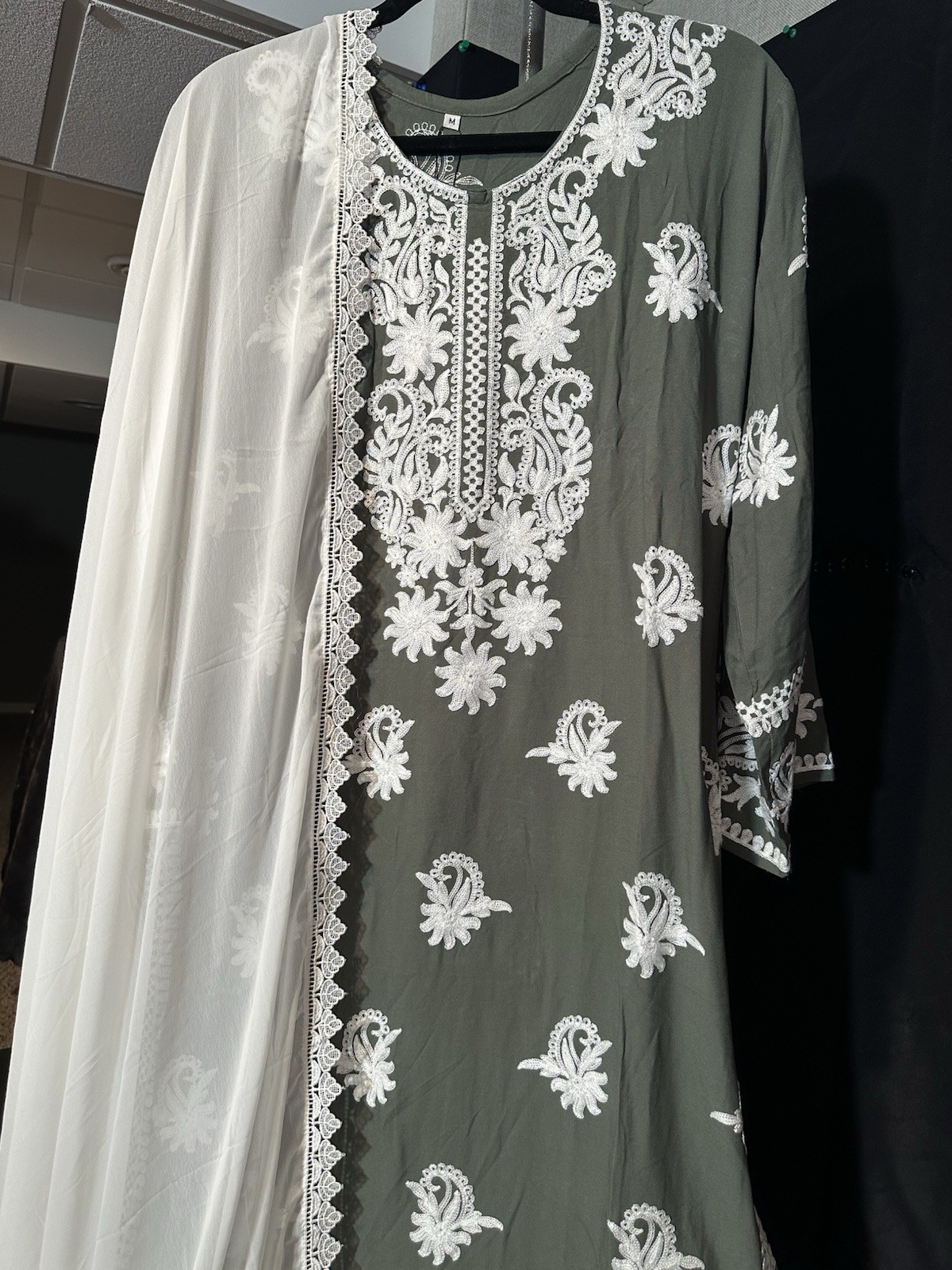 Beautiful soft linen Front & back emb-3 pc suit-emb plazo, laced dupatta-$44