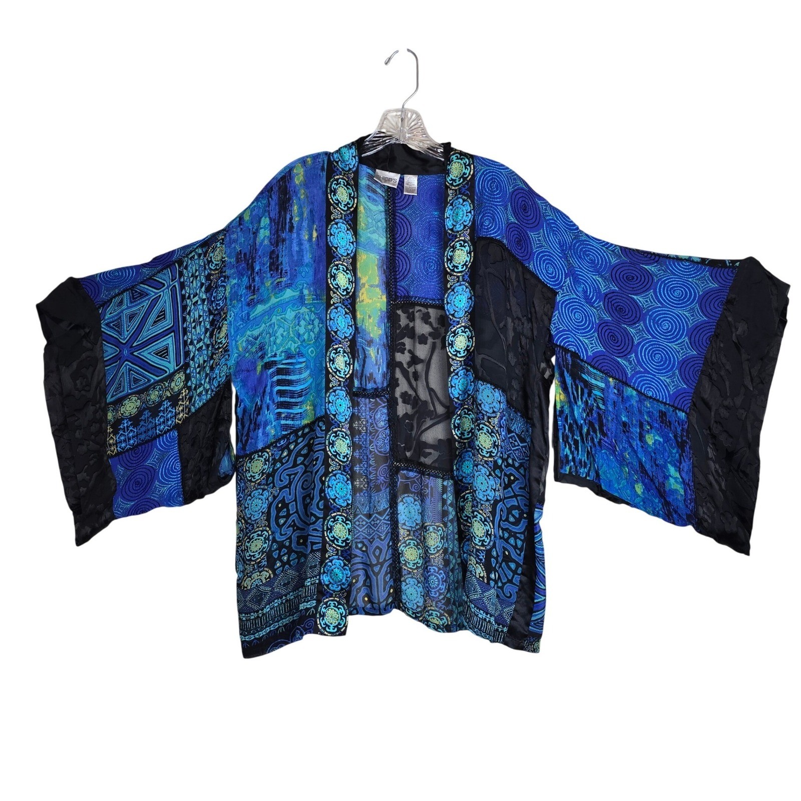 Chico’s Silk Blend Patchwork Kimono Jacket Blue Purple Burnout Velvet Size S/M