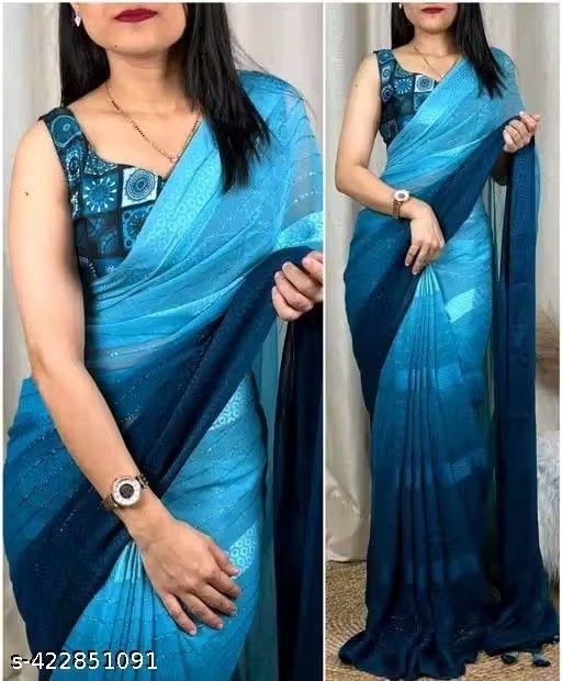 Georgette Jari Work Saree Printed With Unstitched Bloused Fashion Wedding Wear
