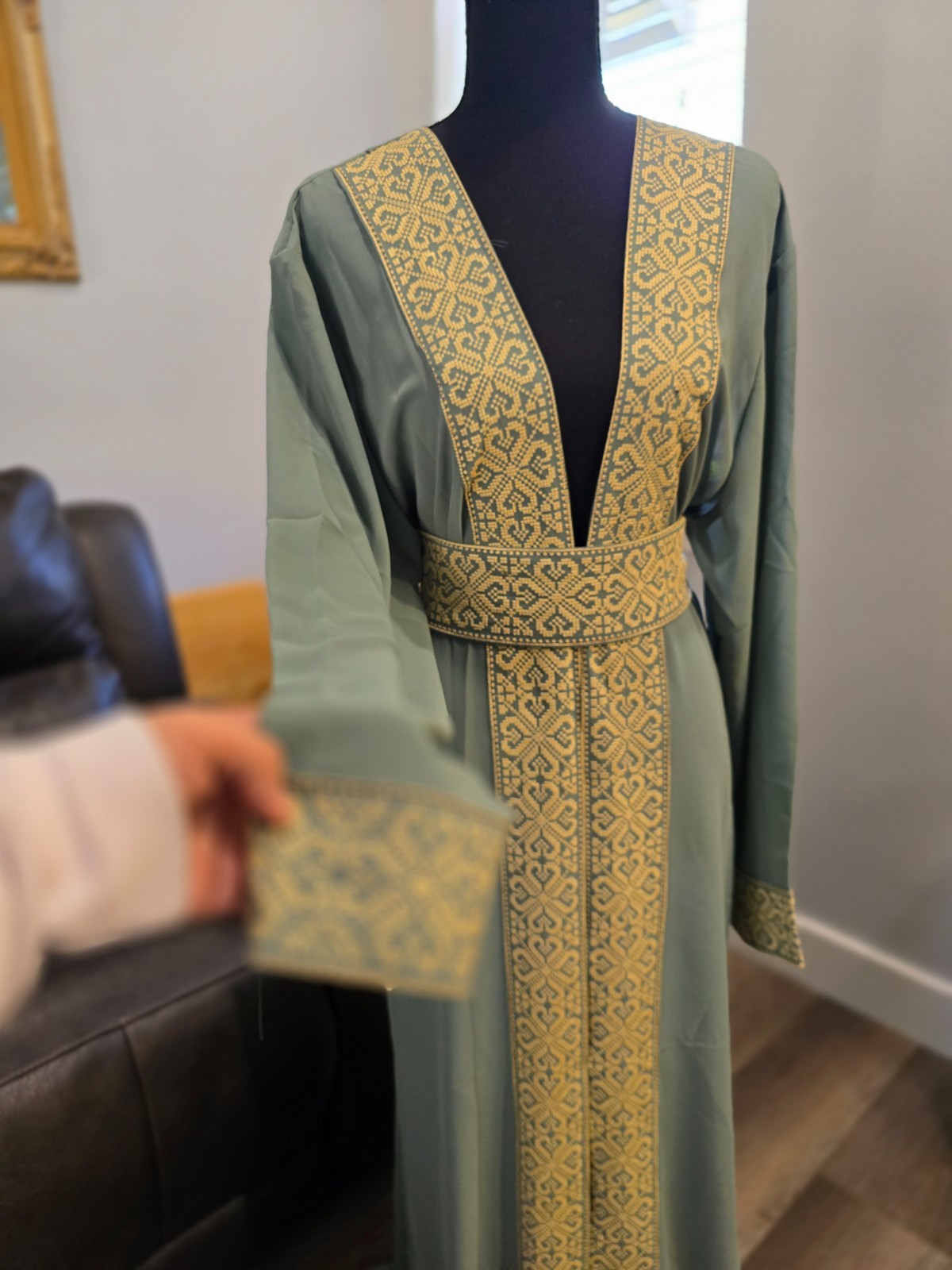 Embroidered Chiffon Abaya with Tatreez Embroidery and belt Palestinian Jordanian