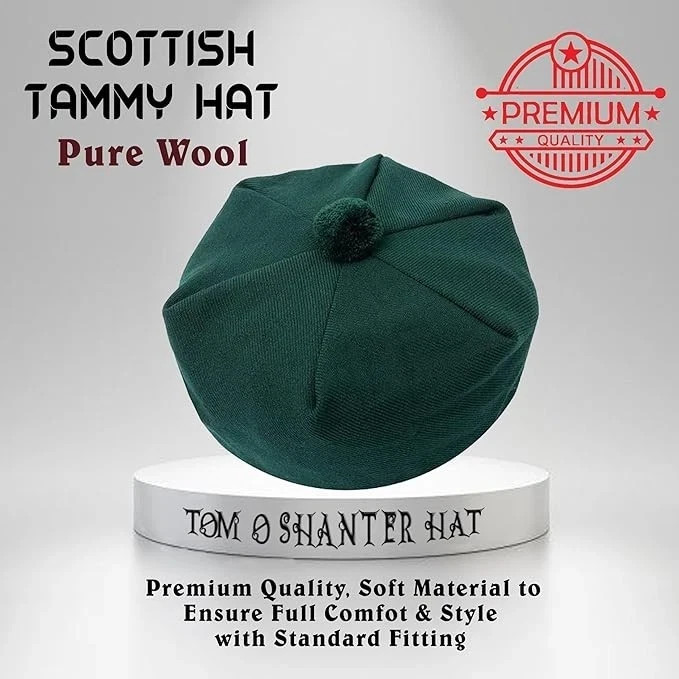 Traditional Scottish Wool Tam O’ Shanter Cap Green Tartan kilt Hat Tammy Bonnet