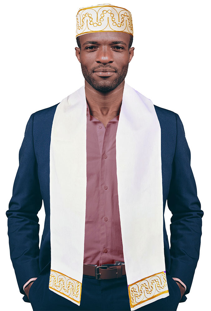 Off White and Gold Embroidered African Hat and Sash/Scarf