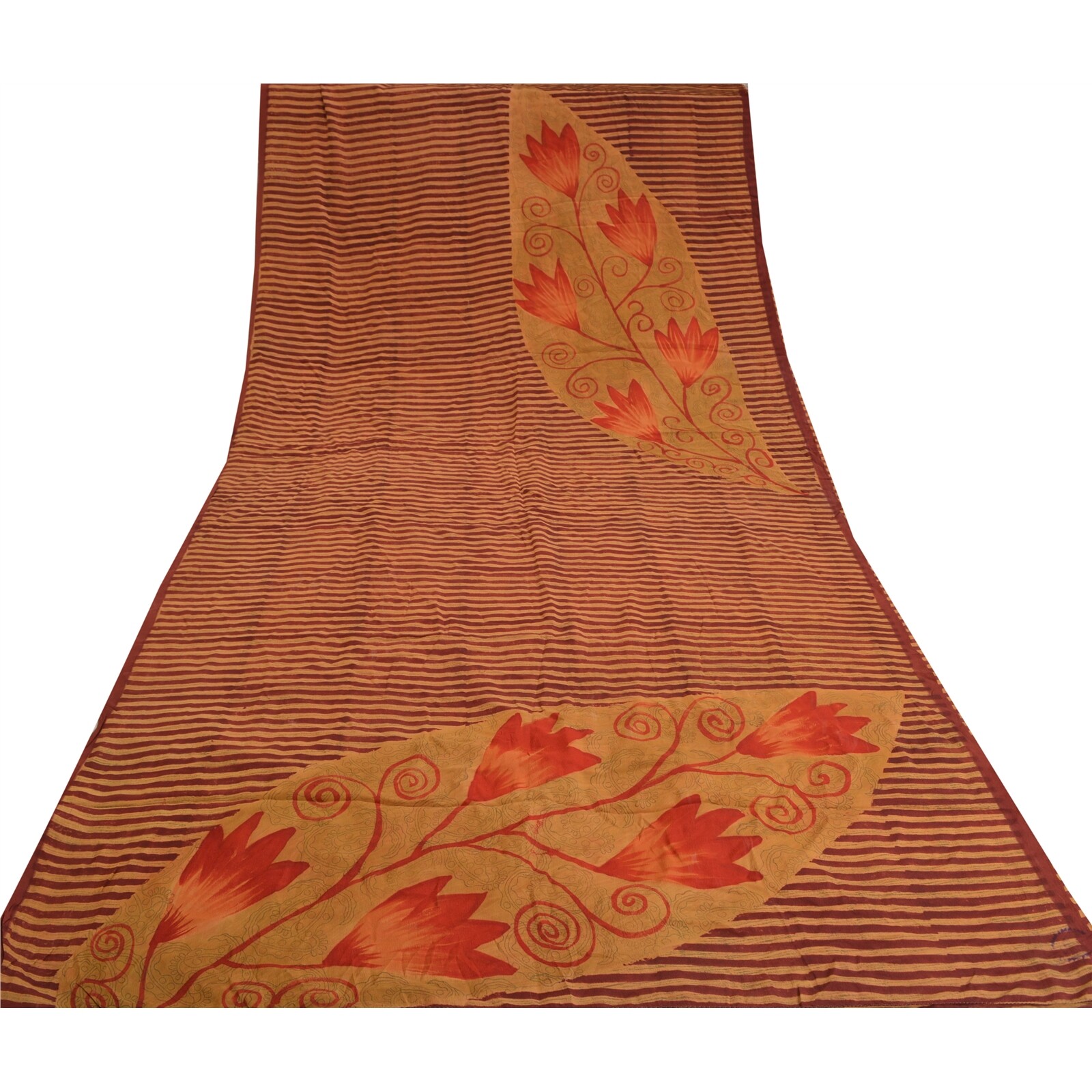 Sanskriti Vintage Sarees Red/Green Pure Crepe Silk Printed Sari 5Yd Craft Fabric