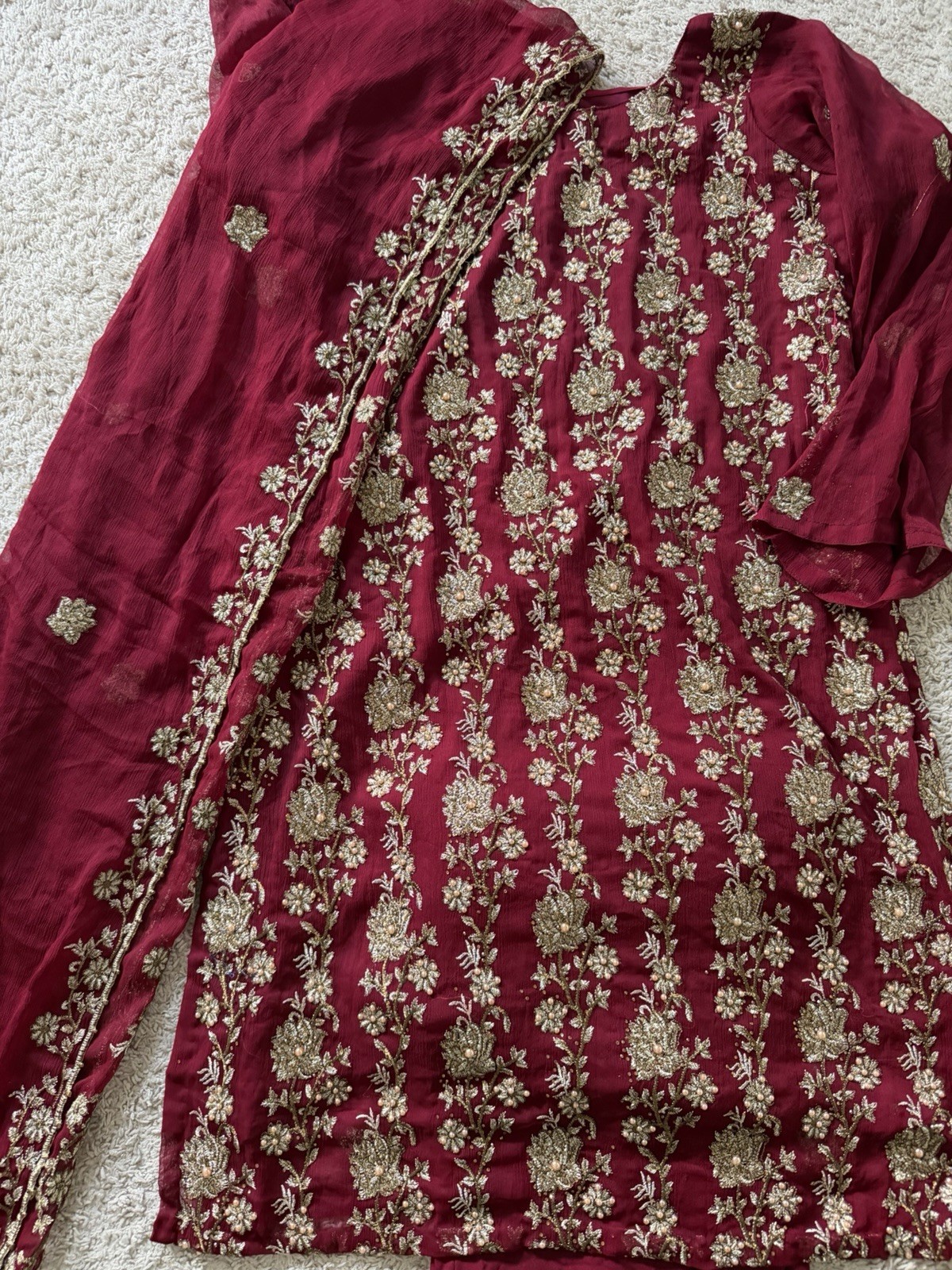 Pakistani 3 Piece Shalwar Kameez Suit Maroon Party Wear