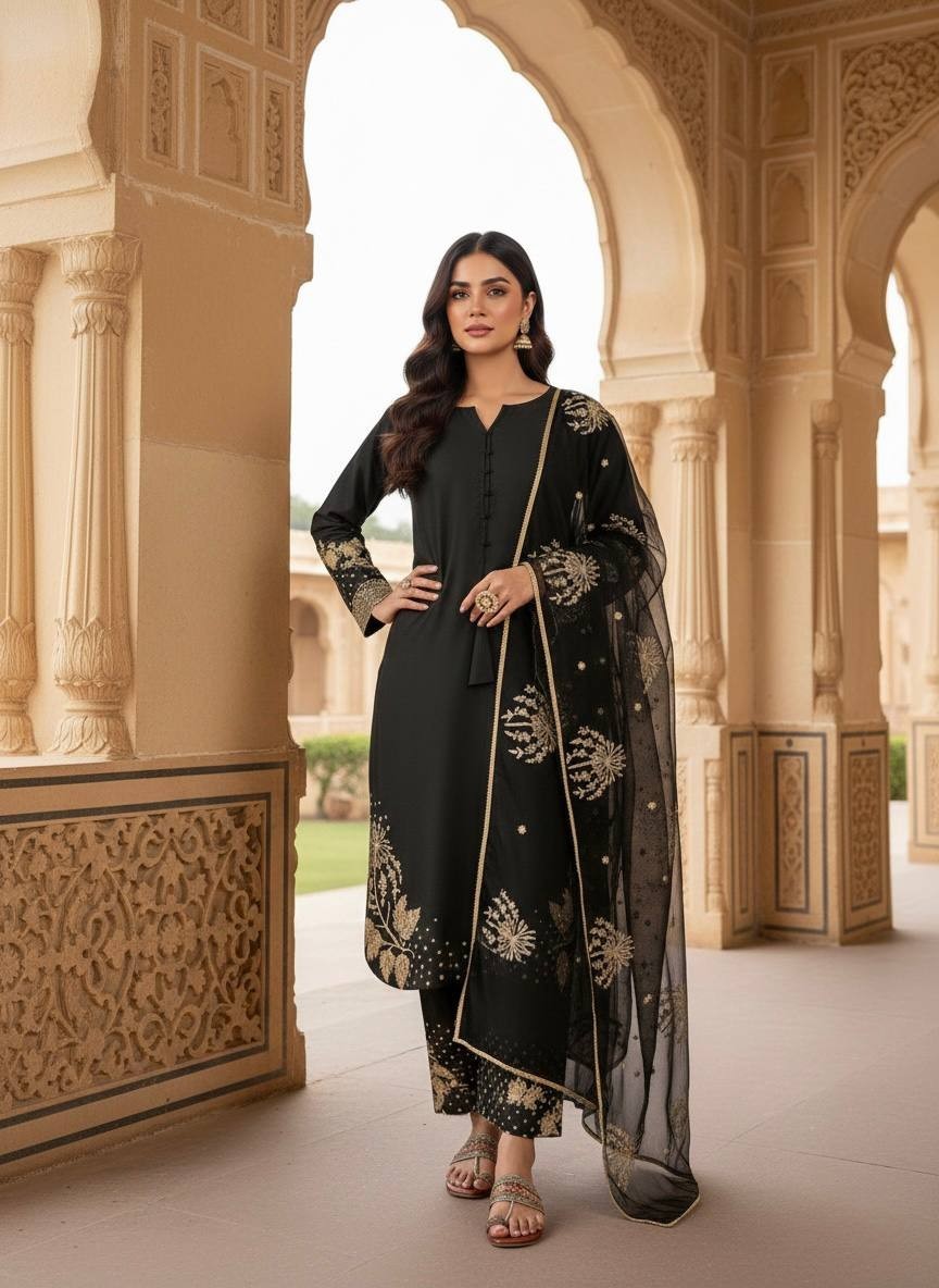 Collection Pur Natural Crepe ReadyMade Black Top Palazzo With Dupatta For Women