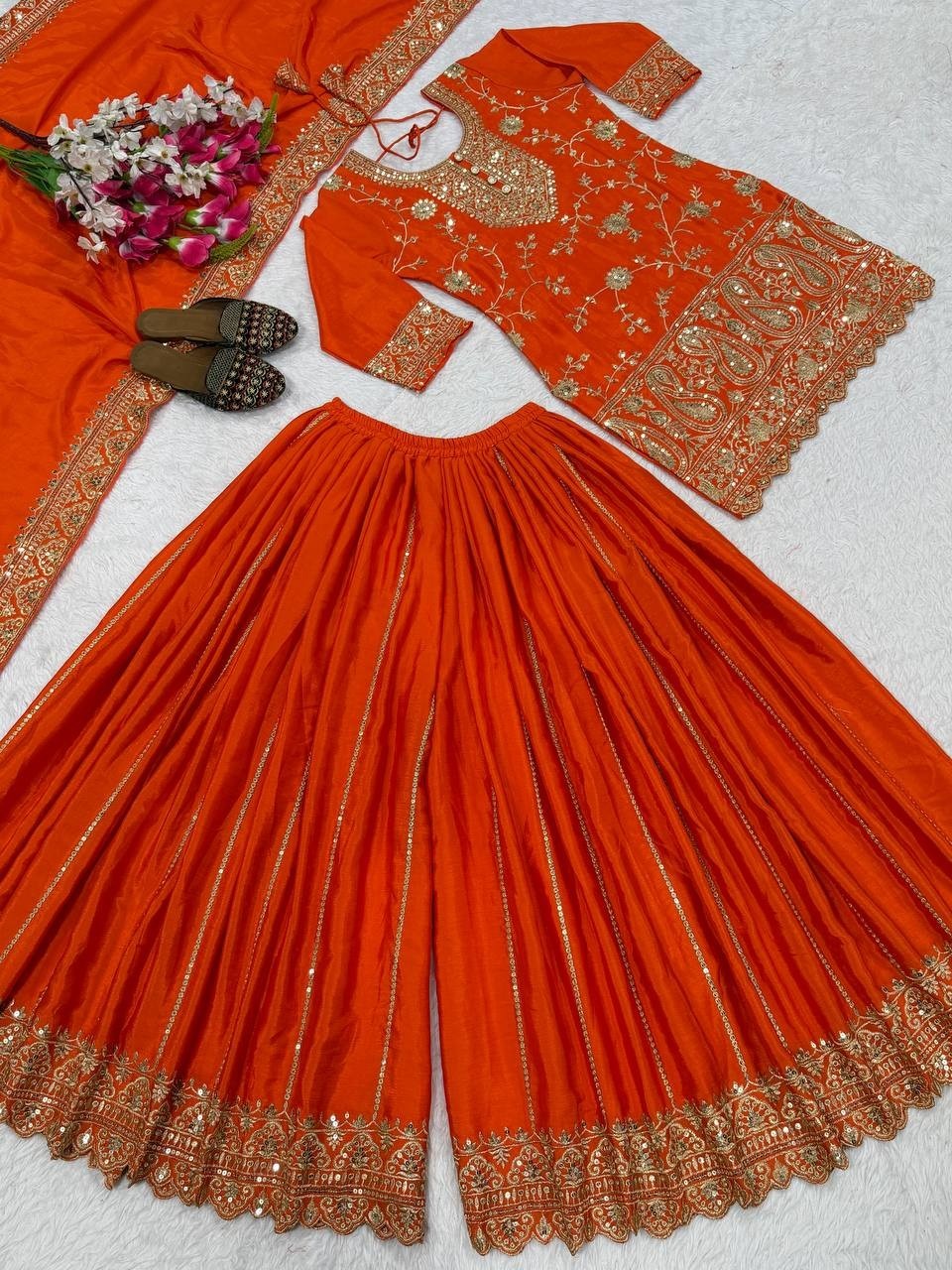 Beautiful Chinon Silk Orange Palazzo Suit With Dupatta For Wedding Wear