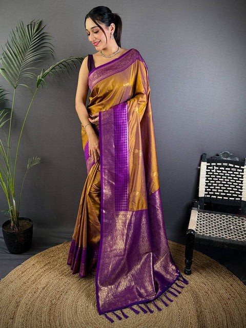 Women’s Brown Royal Soft Silk Tilak Butti Saree with Unstitched Blouse Piece