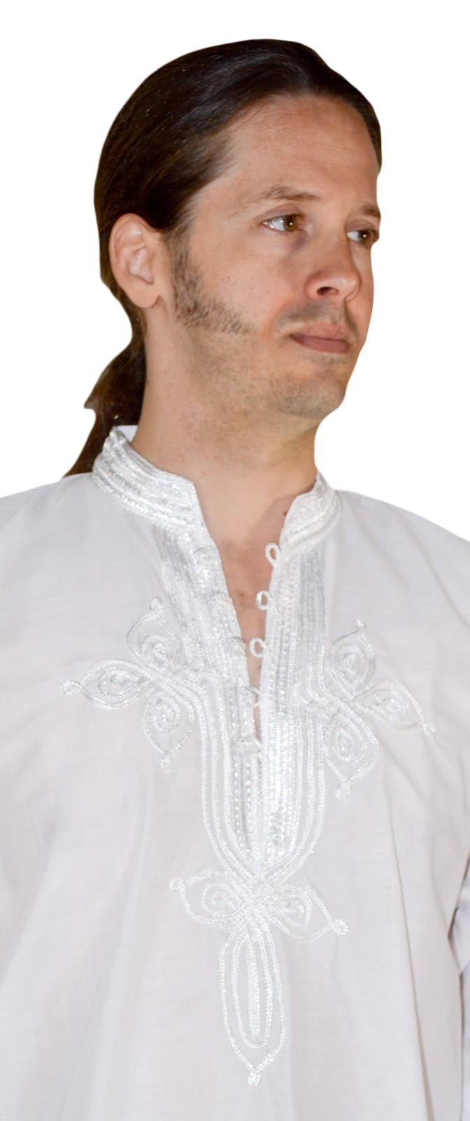 Moroccan Men Tunic Shirt Cafan Casual Handmade Embroidered Cotton X- Large White
