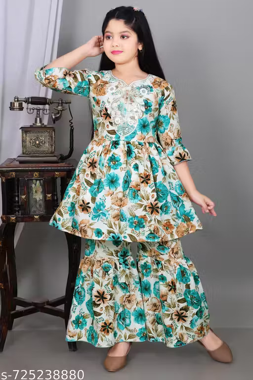 Girls Cotton Floral Kurta Sharara Set with Round Neck & 3/4 Sleeves for Festival