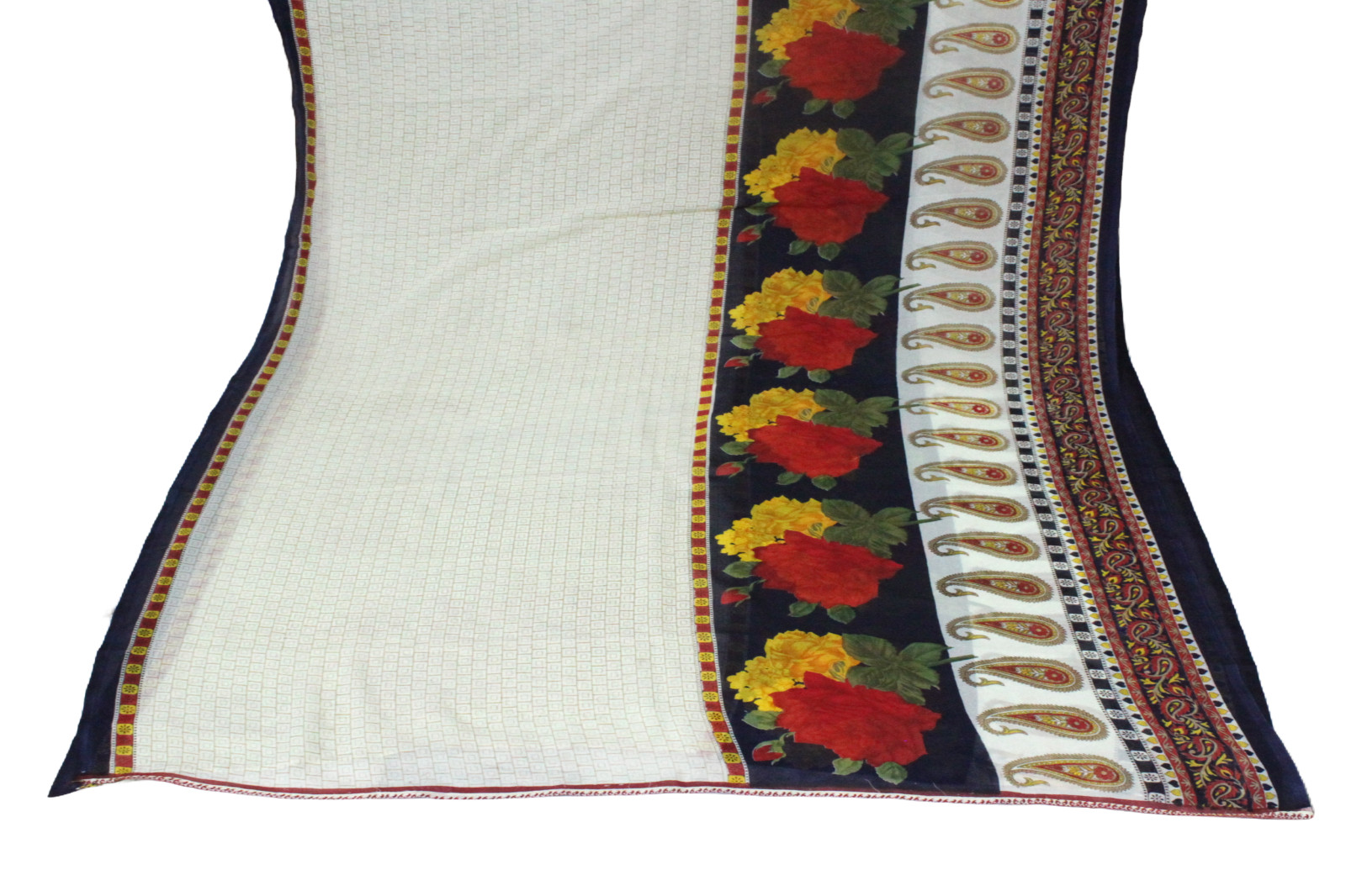 Indian Beige Saree Vintage Floral Print Used Craft Fabric Sewing Georgette Sari