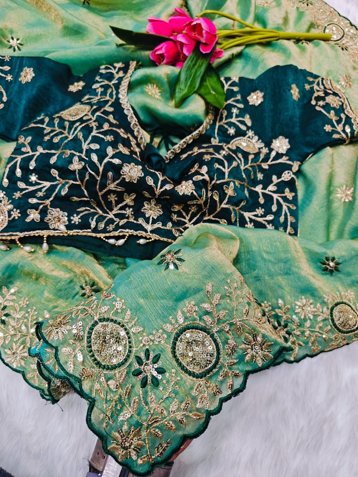 Pista Green Designer Saree Heavy Embroidery Wedding Party Wear Women Floral Ethn