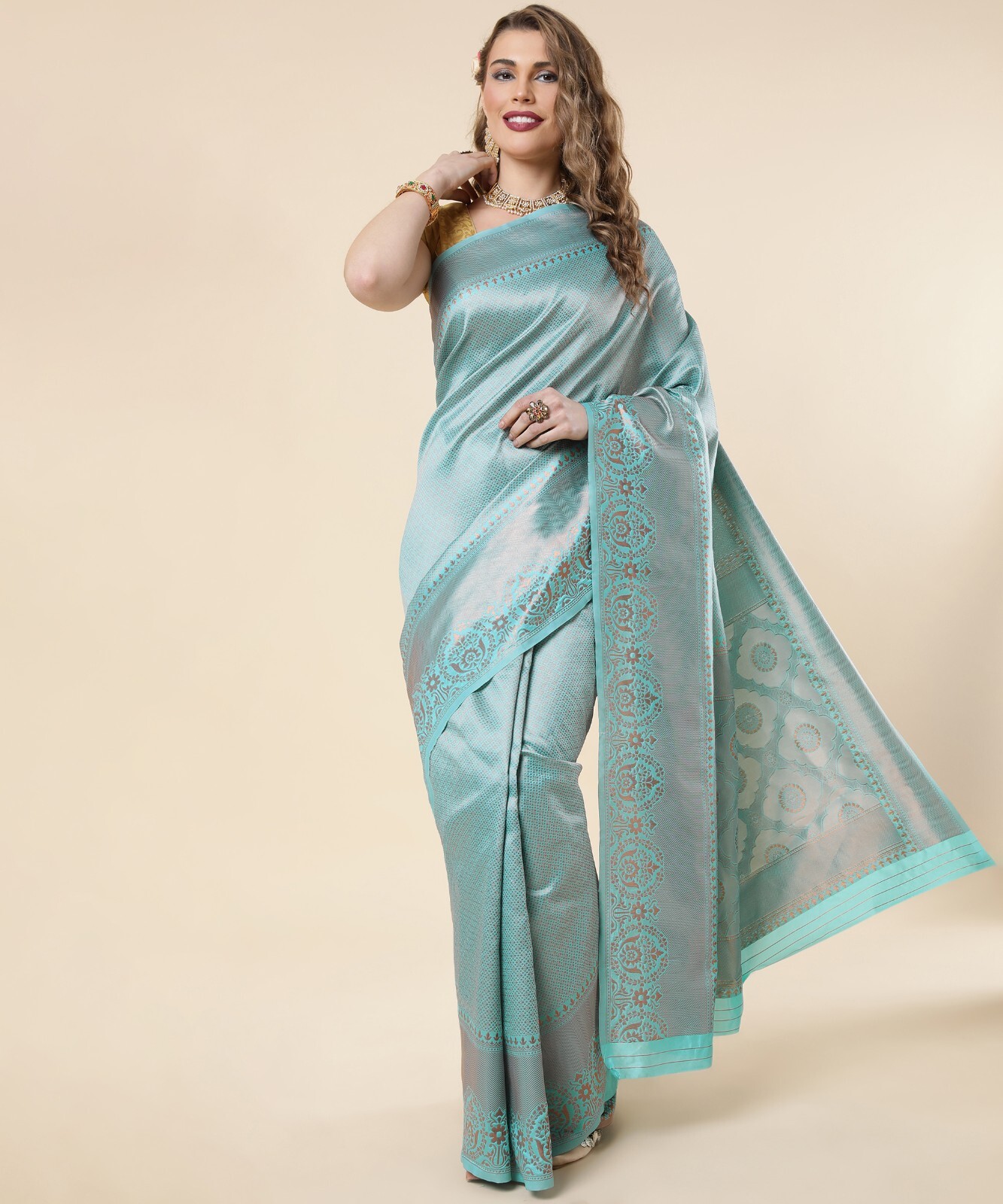 Areca Designer Barcade Sky Bindi Silk saree blouses women Saree Cut – 5.5 Meter