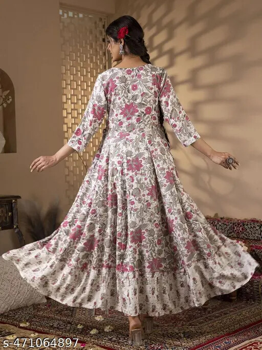 Anarkali printed and embroidered kurti with dori for women and girls