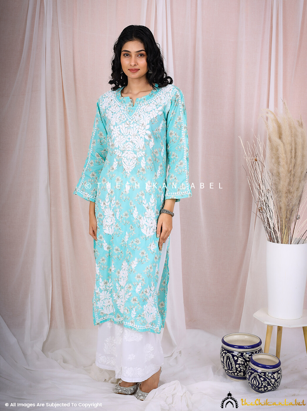 Blue Mulmul Chikankari Printed Straight Kurti Lucknow Chikan Handmade Kurta