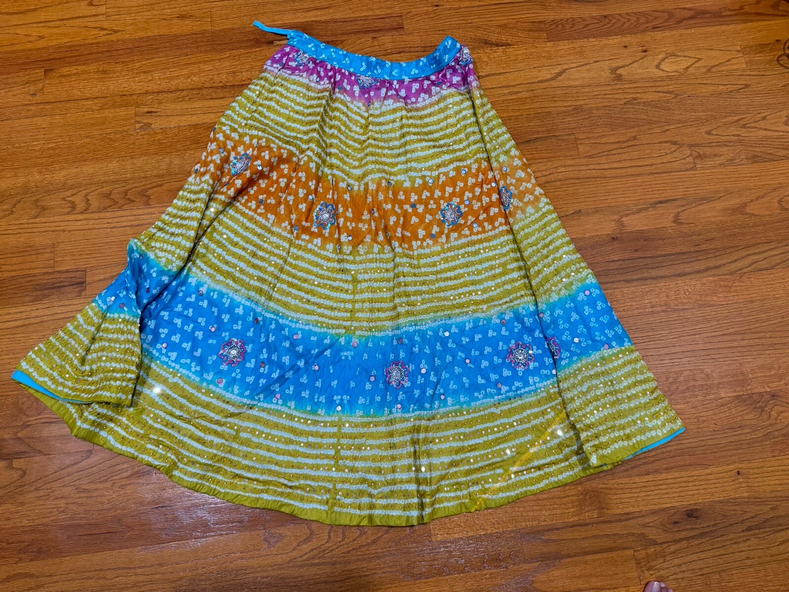 Green Blue OrangeAnd Purple Garba Bhandni Chaniya Lengha Skirt With Dupatta