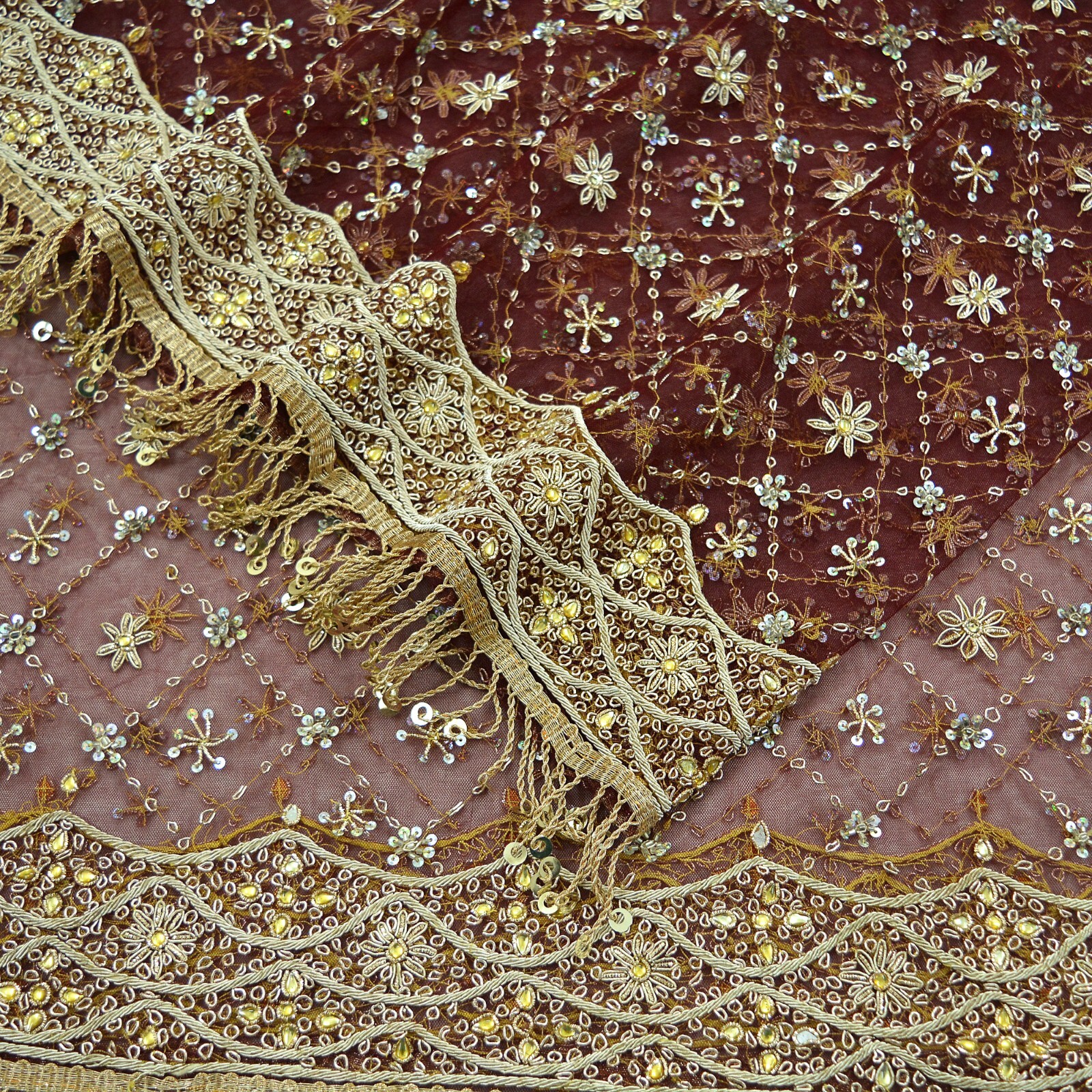 Indian Vintage Heavy Maroon Dupatta Net Mesh Long Stole Hand Embroidered Scarves