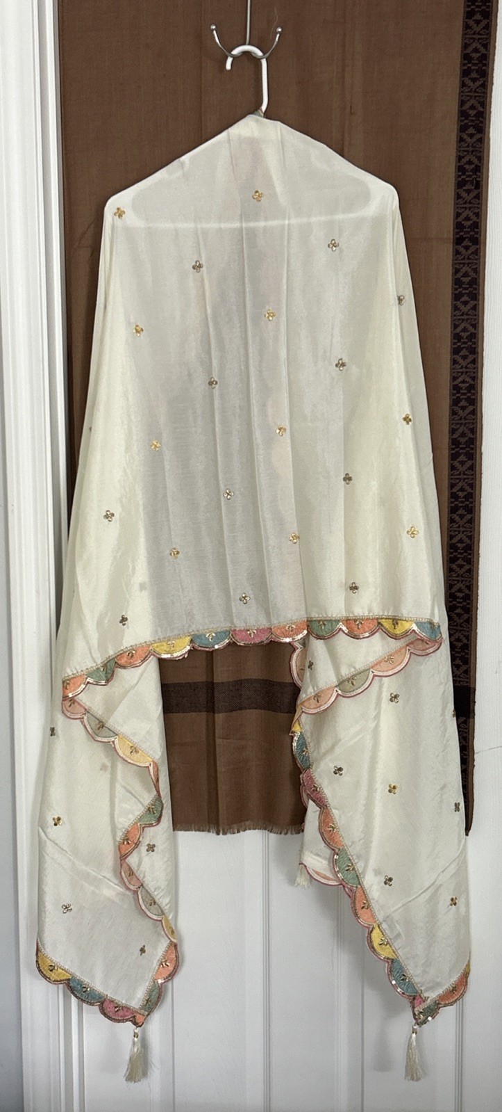 Women Gharara Embroidery with sequin Silk 3 pcs Suit Color-off White Chest-40in