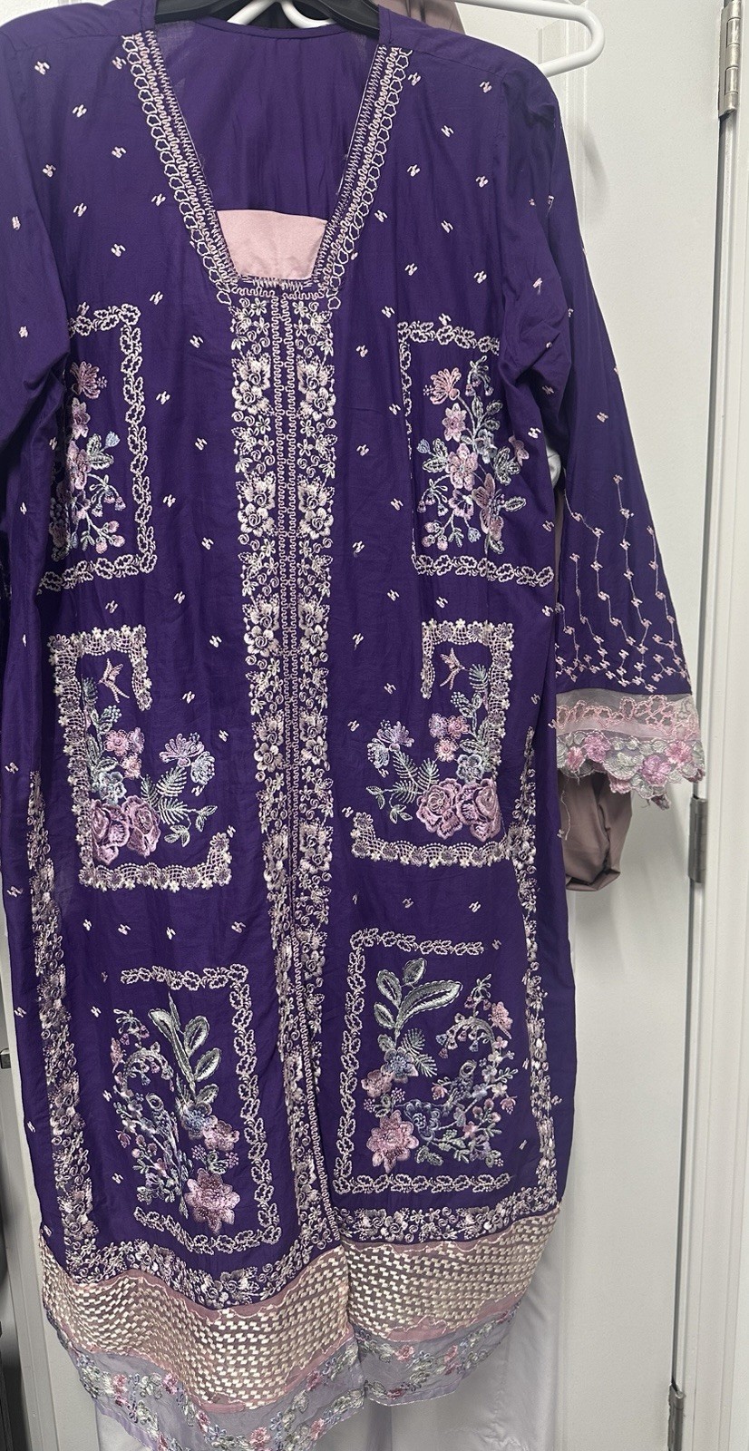 Purple Embroidered Cotton Blend Salwar Kameez with Dupatta, Size M for Women
