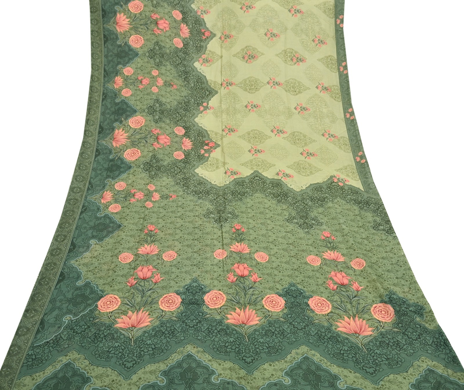 Indian Vintage Sari Green Blend Silk Woven Digital Printed Saree Craft Fabric 5y