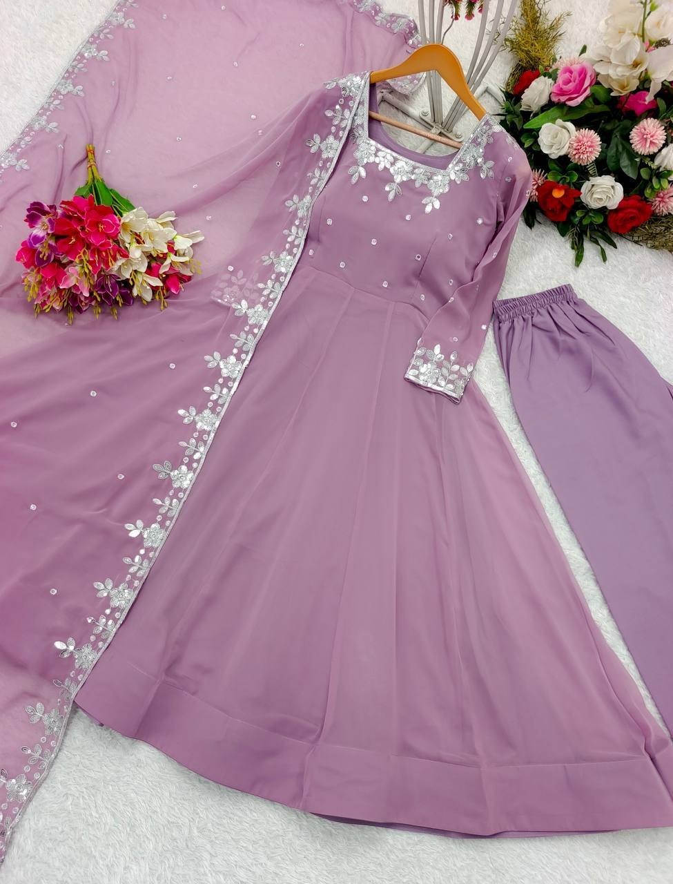 Pure Faux Georgette Lavender Gown Bottom With Dupatta For Traditional Wear