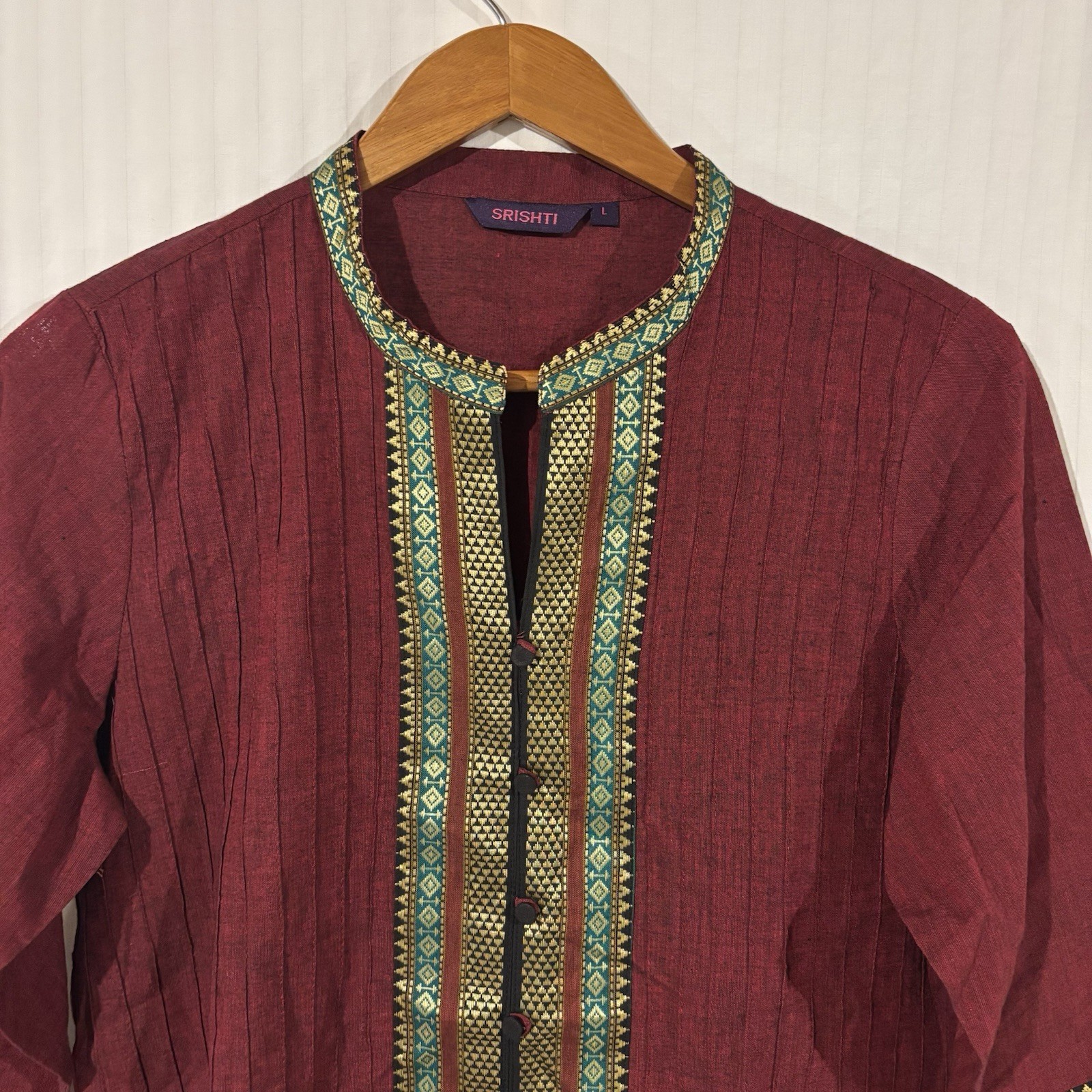 SRISHTI Maroon Kurta Cotton Faux Button Front Size Large Banded Neck W-13