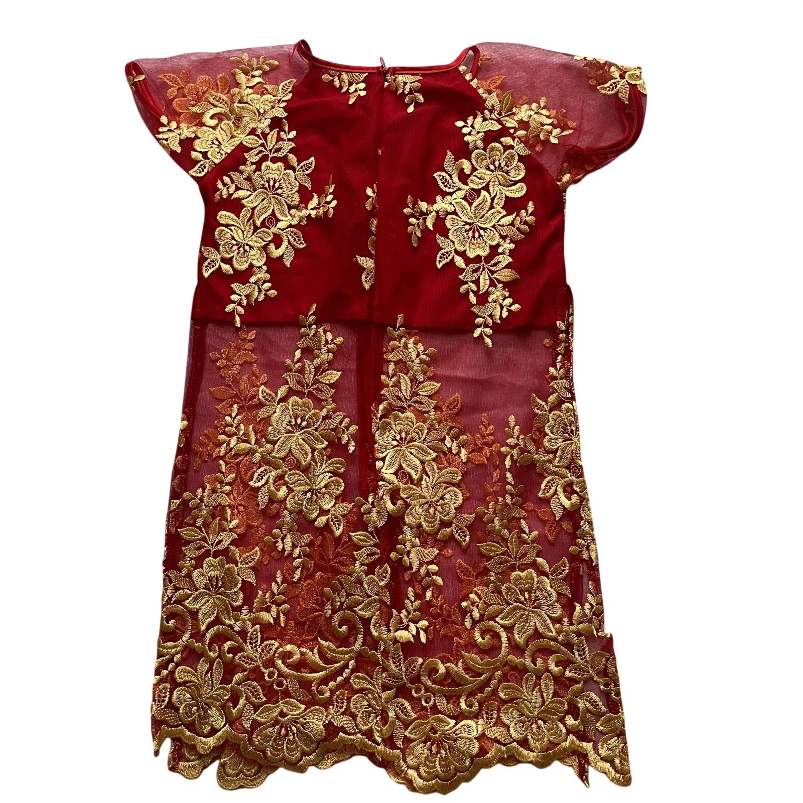Traditional Vietnamese Red Dress with Gold Floral Embroidery, 5