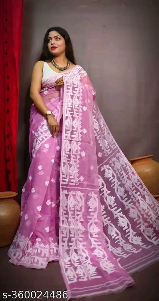 Traditional Bengali Handmade Jamdani Saree With Unstitched Bloused Wedding Wear