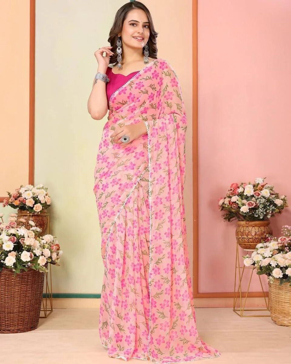 Pink Color Georgette Digital Printed Arco Lace Border Saree With Blouse 1Minute.