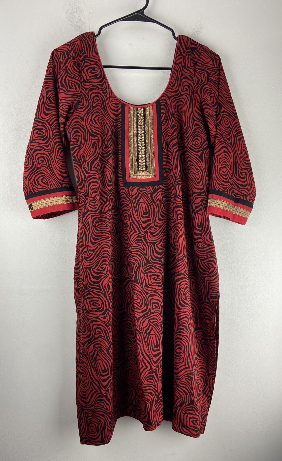 Womens Indian Silk Red Black Gold Jeweled Kaftan Kurta Dress Top Size Small