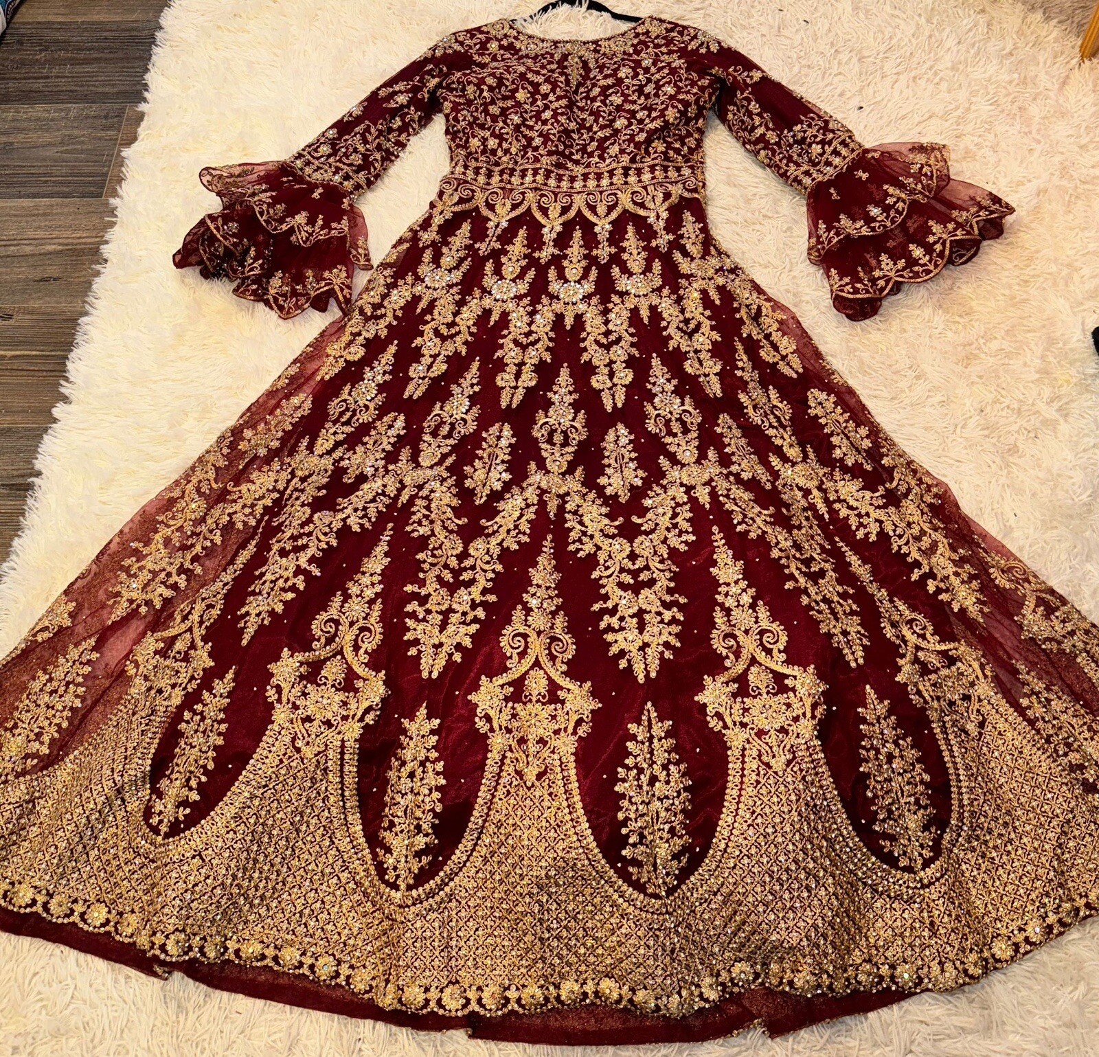 Cranberry Red Embroidered Anarkali Gown – Long Indian Ethnic Dress w Petticoat