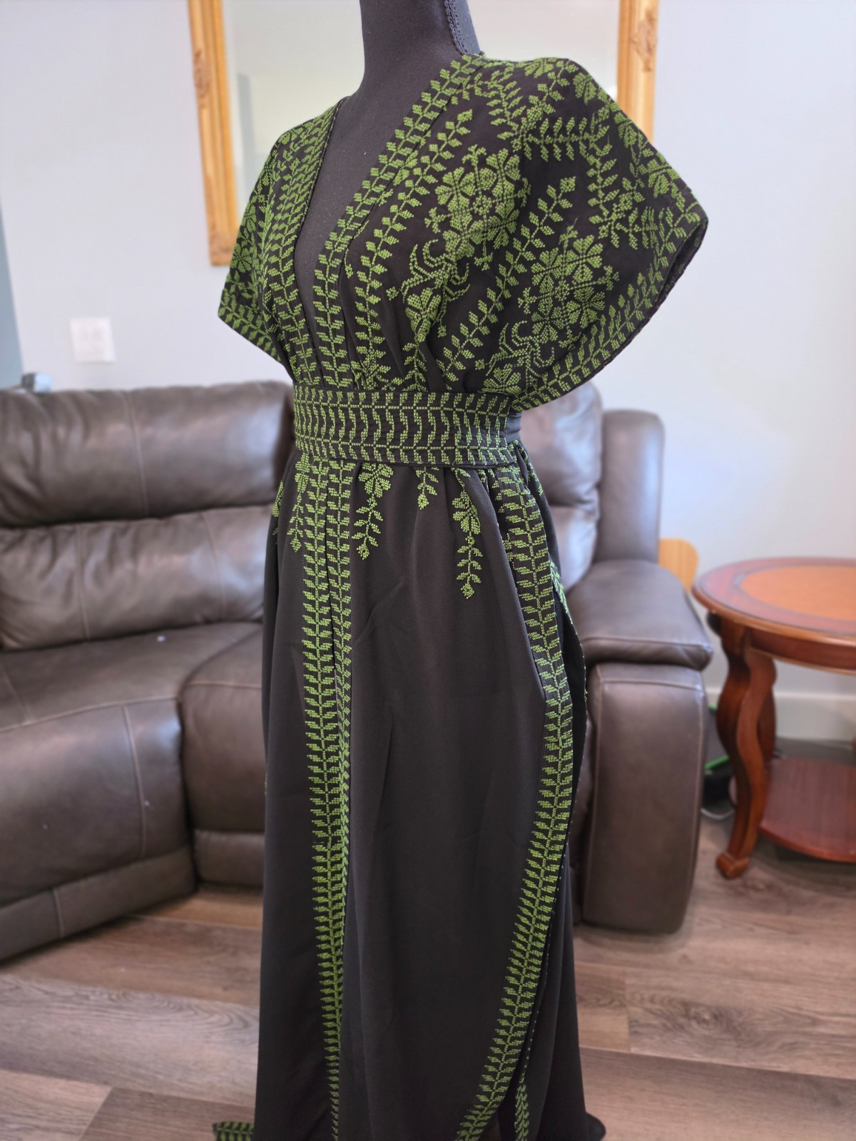 Black Palestinian Jordanian Abaya Thobe with Green tatreez Embroidery