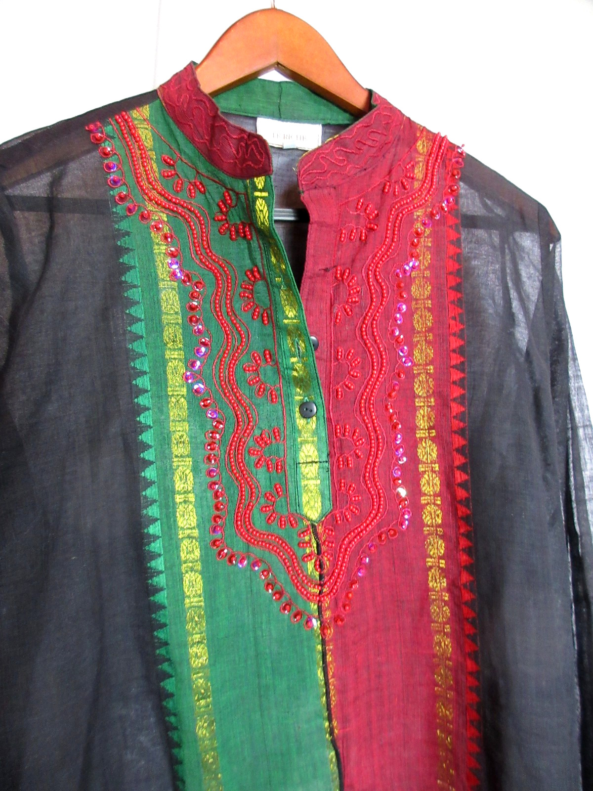 Le Riche Kurta Black Red & Green Unisex South Asian Tunic Metallic SZ XXXL EUC