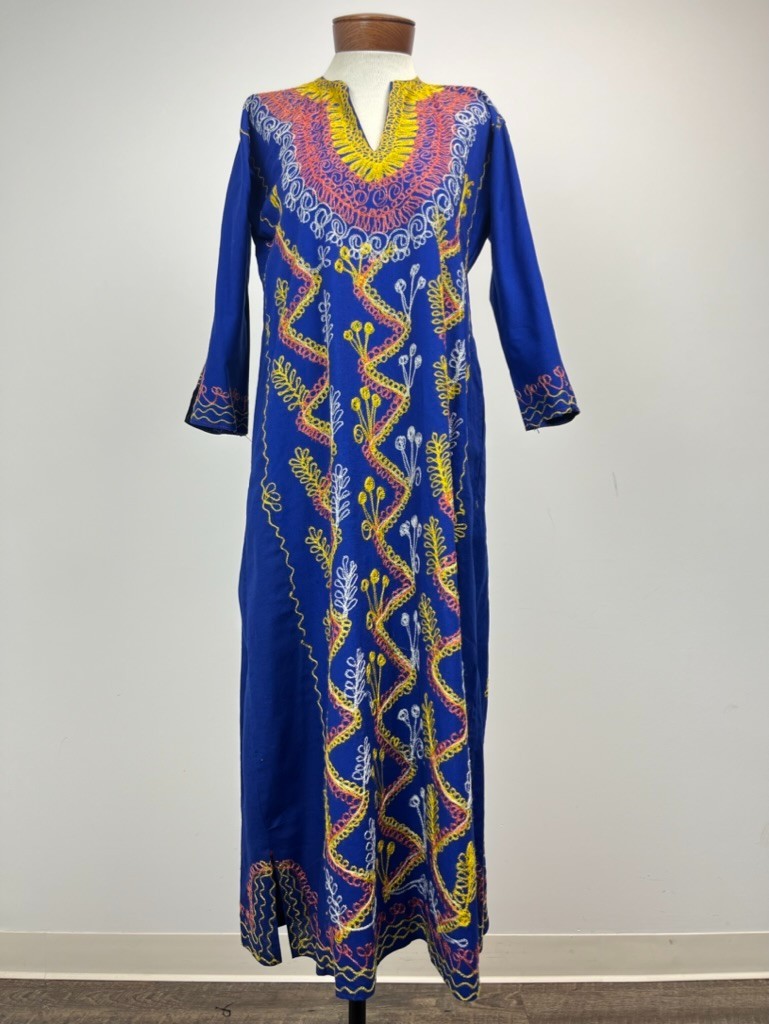 Vintage Royal Blue Kaftan Djellaba Maxi Dress Multicolor Embroidery S/M Boho