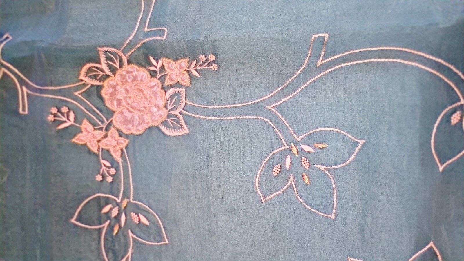 Pastel Sky Blue Organza Silk Saree • Gorgeous Beaded Motifs & White Silk Blouse