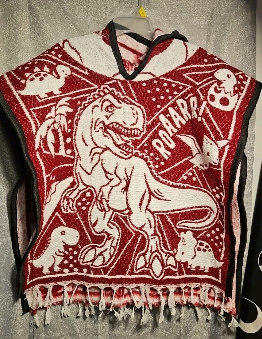KIDS Dinosaur PONCHO , UNISEX , BLANKET GABAN 4-12 Yrs , RED & WHITE Hooded