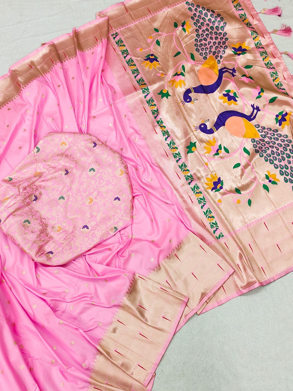 Soft Paithani Silk Saree with Gold Zari Weaving Motifs & Mee – Handmade in India