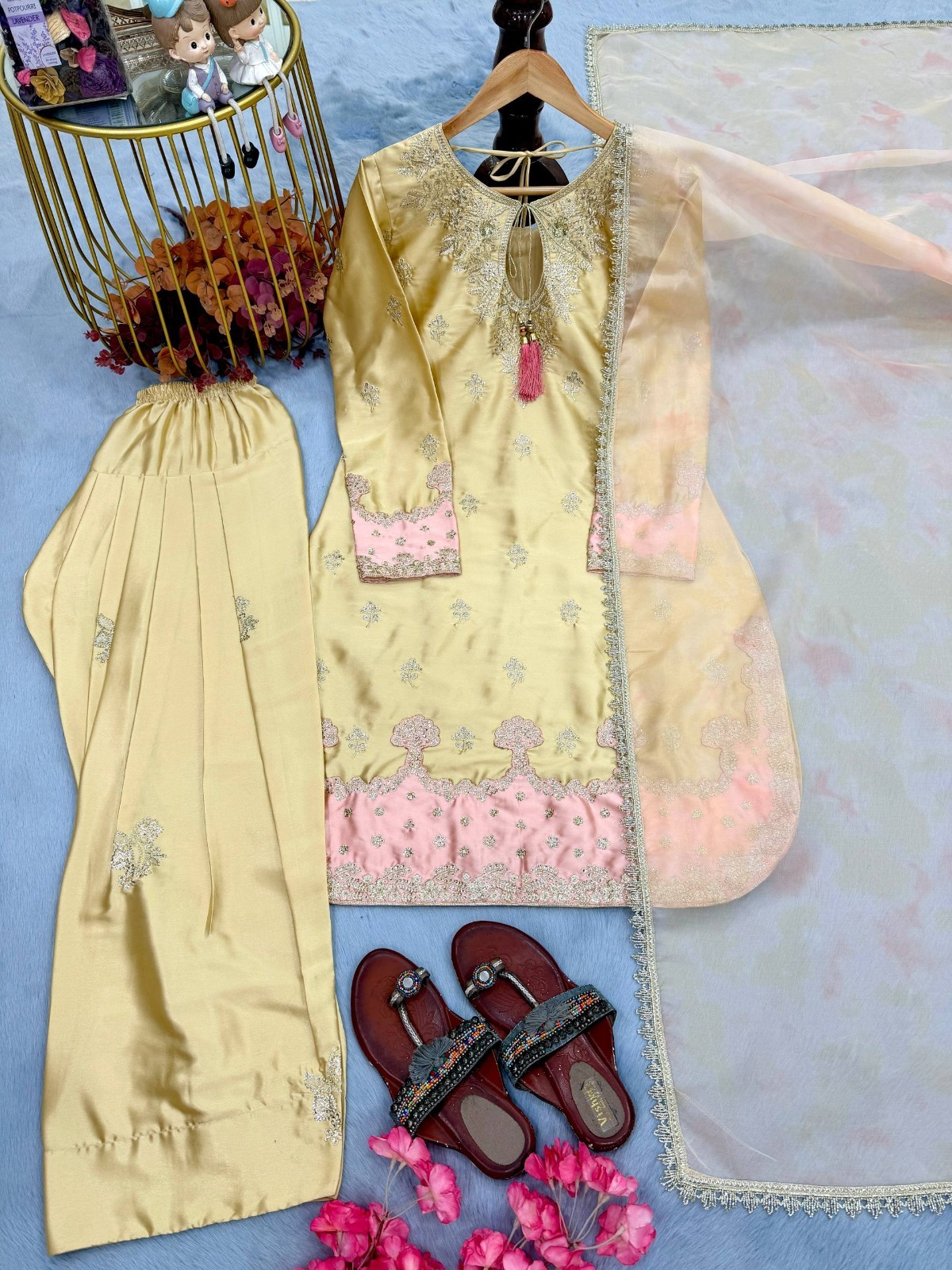 Bollywood Style Japan Satin Silk Yellow Palazzo Suit With Dupatta For Festival