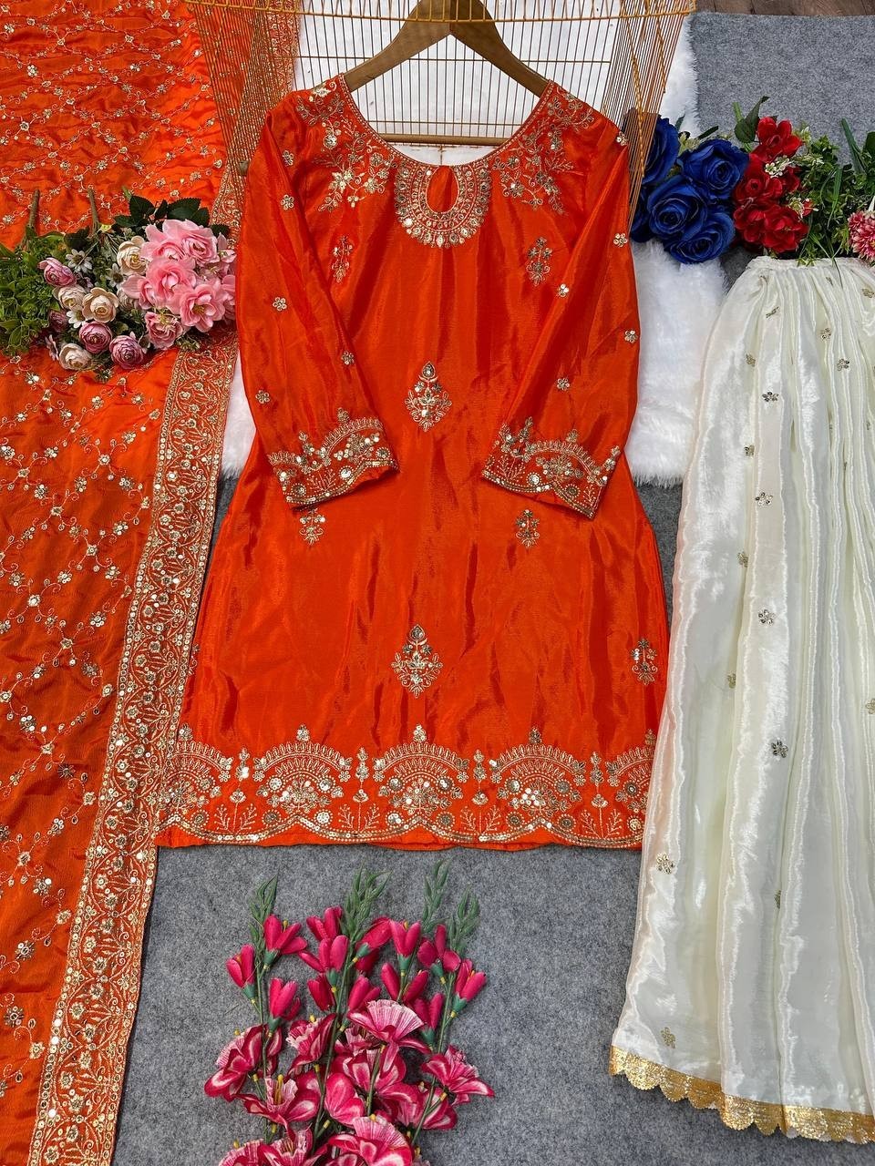 Unique Designer Chinnon Orange Palazzo Suit And Dupatta For Women Wedding Wear